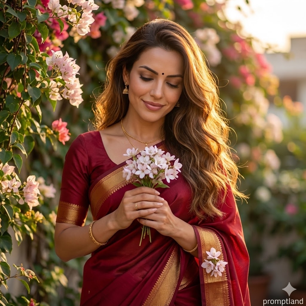 Deep Red Silk Saree Golden Hour Portrait